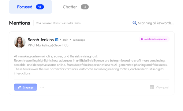 Mentions feed with focused / chatter tabs and a sample post