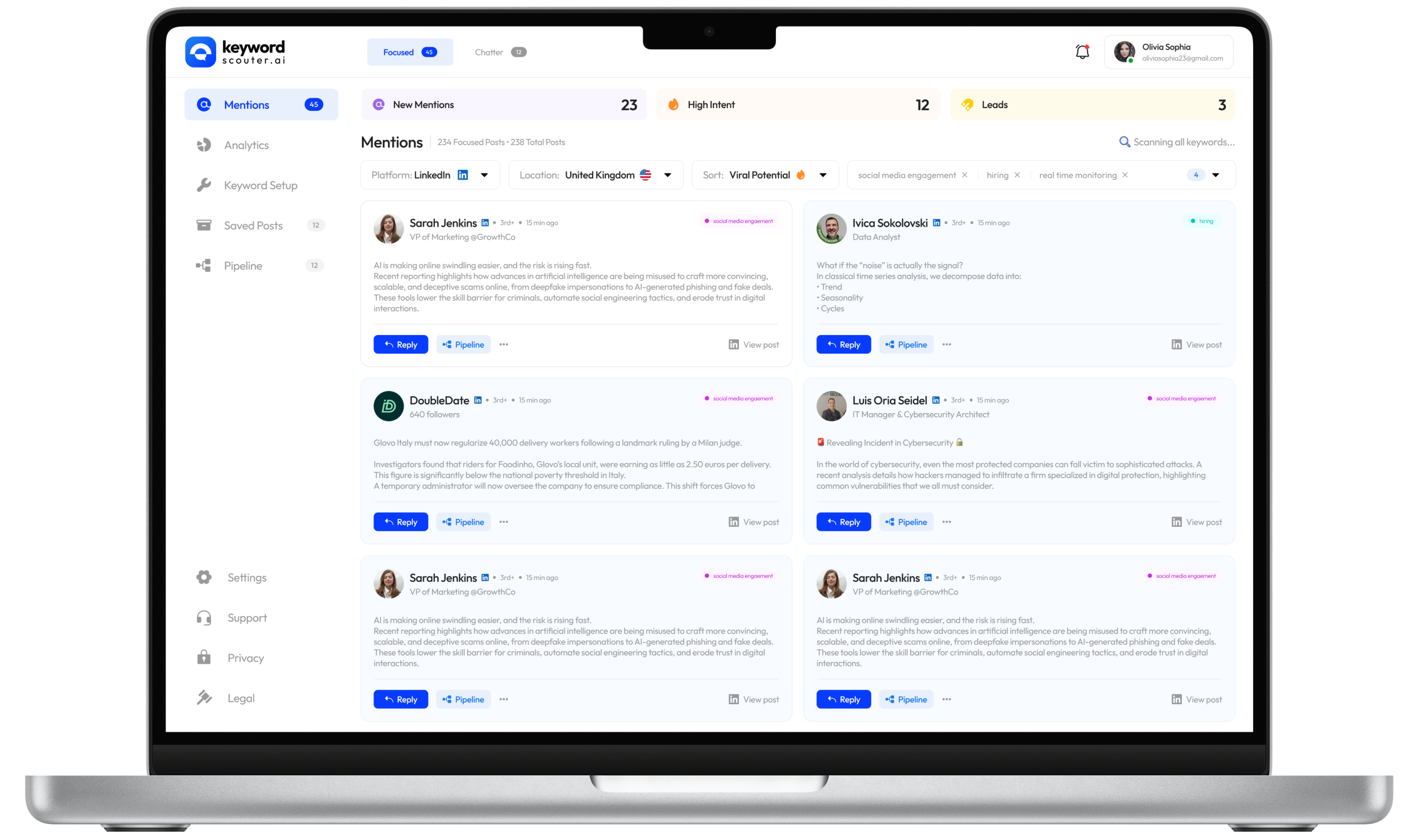 Keyword Scouter dashboard with focused mentions, intent classification, and lead queue