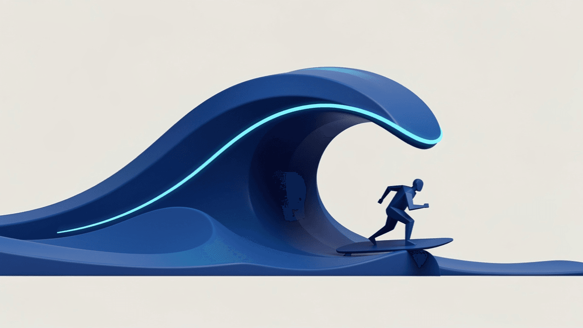 Illustration of a surfer catching a cresting blue wave at its peak, a metaphor for acting on a LinkedIn buying signal while it is still live