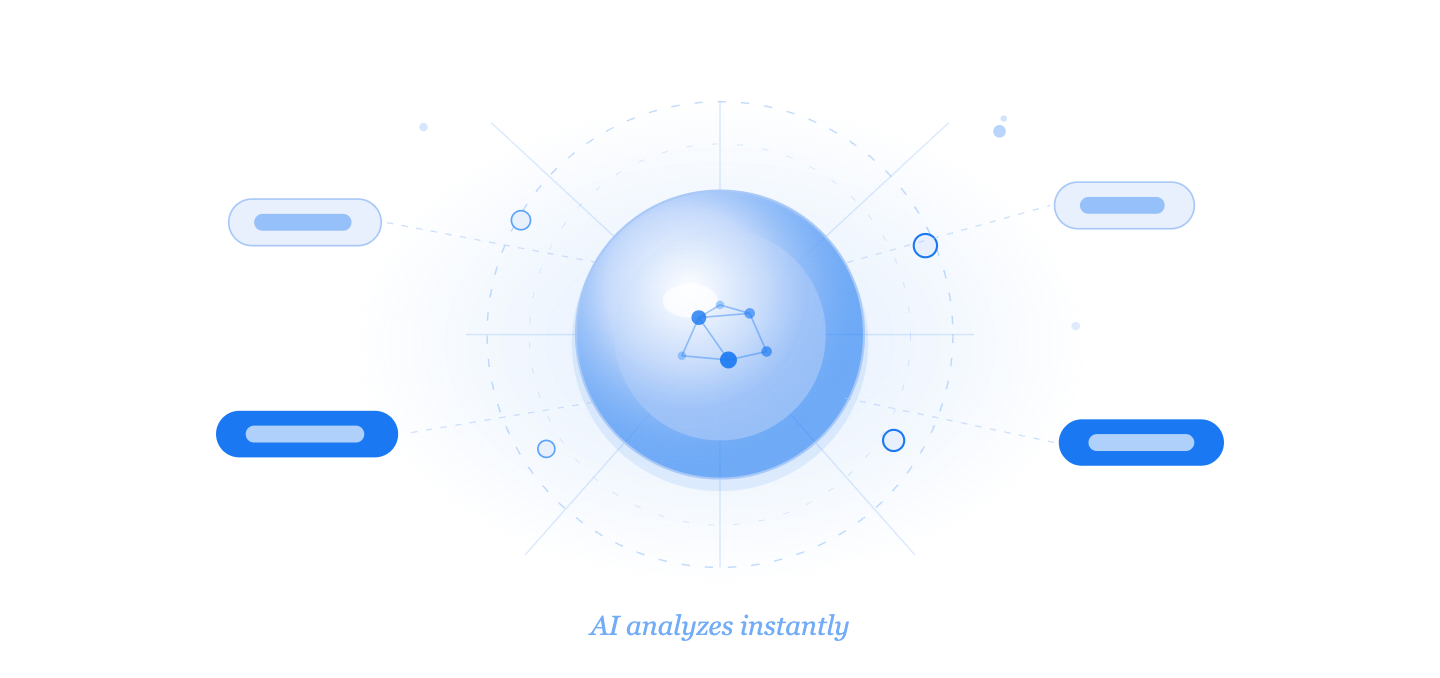 A glowing AI sphere with keyword pill cards radiating outward
