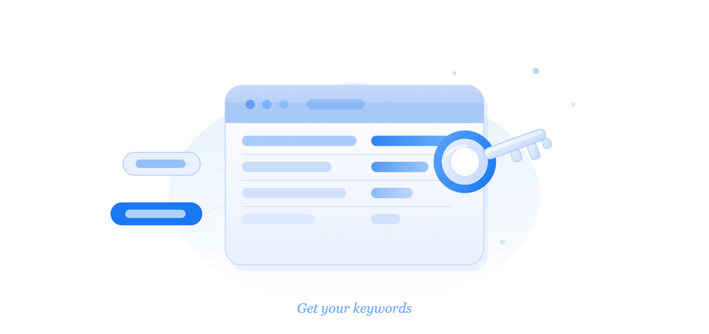 Dashboard panel with keyword result rows and a magnifying glass